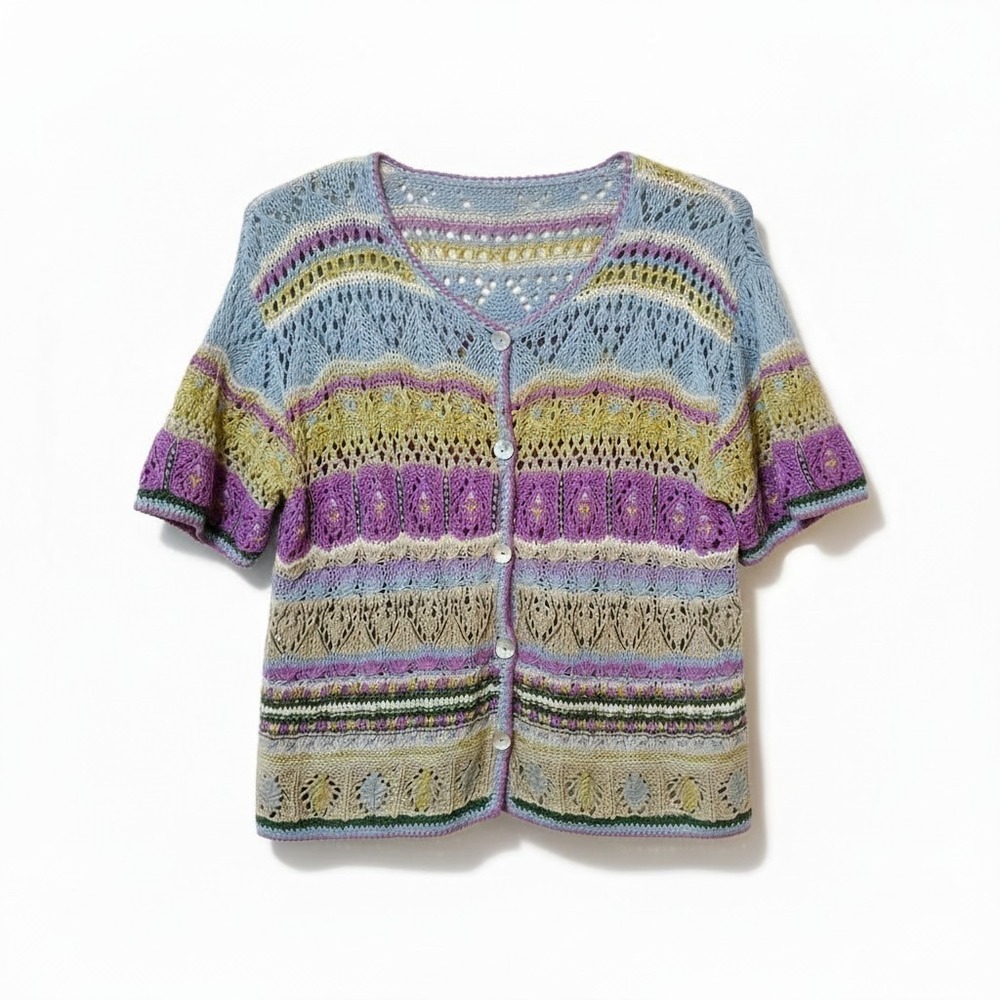 Bedford Fair VTG Crochet Cotton Pastels Shell Buttons Flowers Cardigan Women L